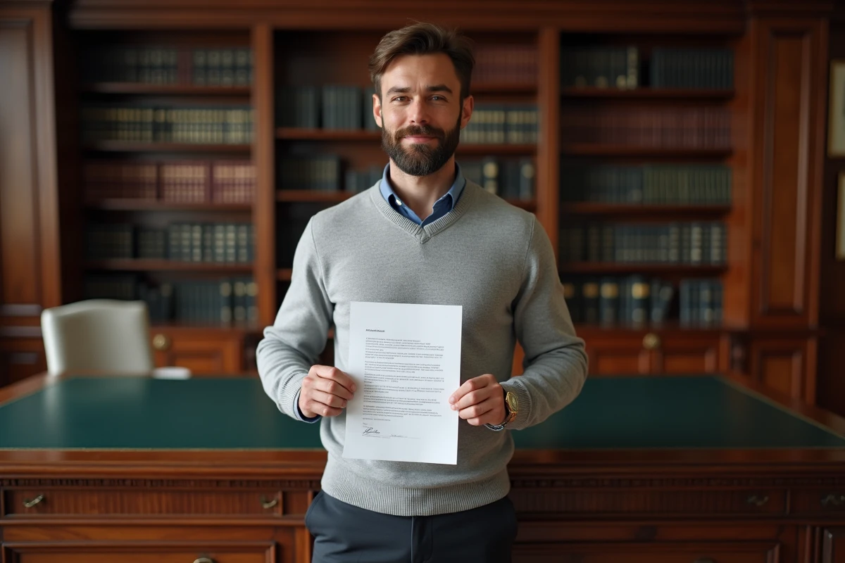 Homme tenant une lettre d'acceptation de crédit immobilier dans un bureau de notaire traditionnel français