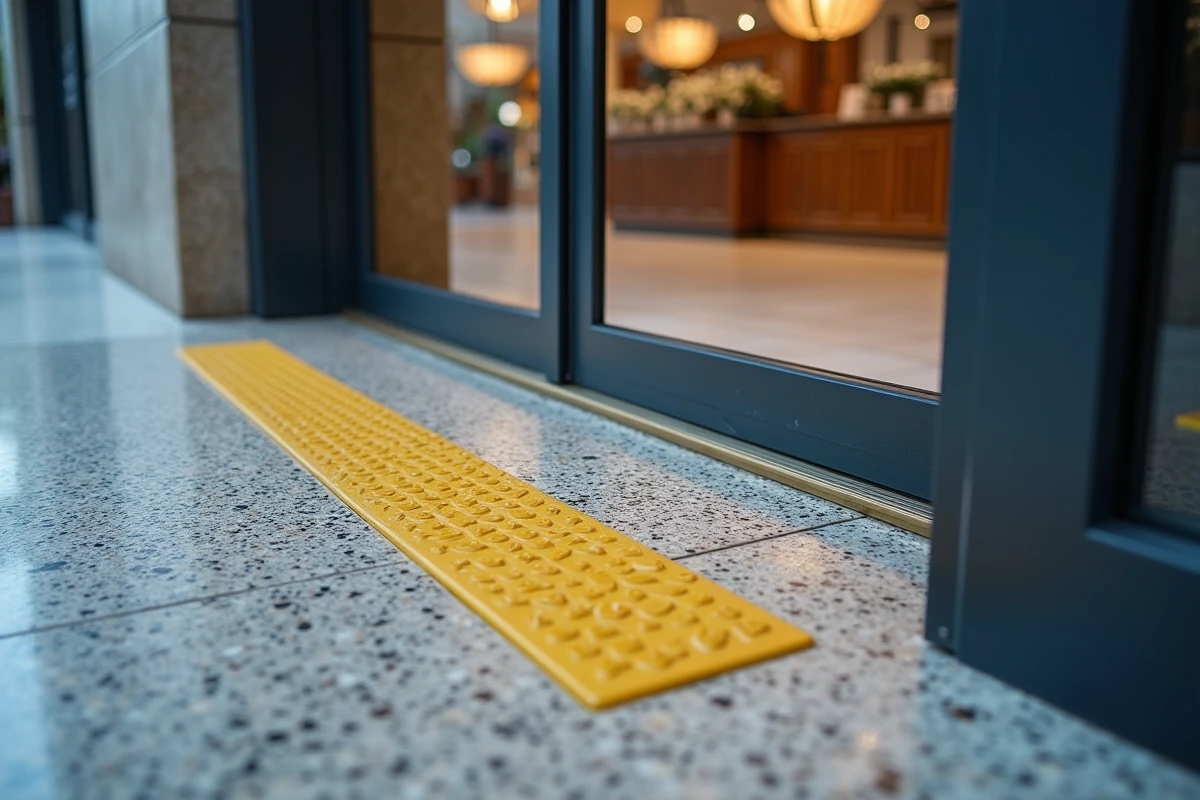 Détail de l'entrée accessible d'un commerce avec bande podotactile, seuil de porte et revêtement antidérapant conformes aux normes ERP