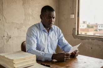 Jeune homme sénégalais examinant attentivement des documents immobiliers avant l'achat d'un appartement à Dakar