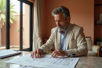 Homme consultant des plans et documents juridiques avant l'achat d'un appartement en résidence sécurisée à Marrakech