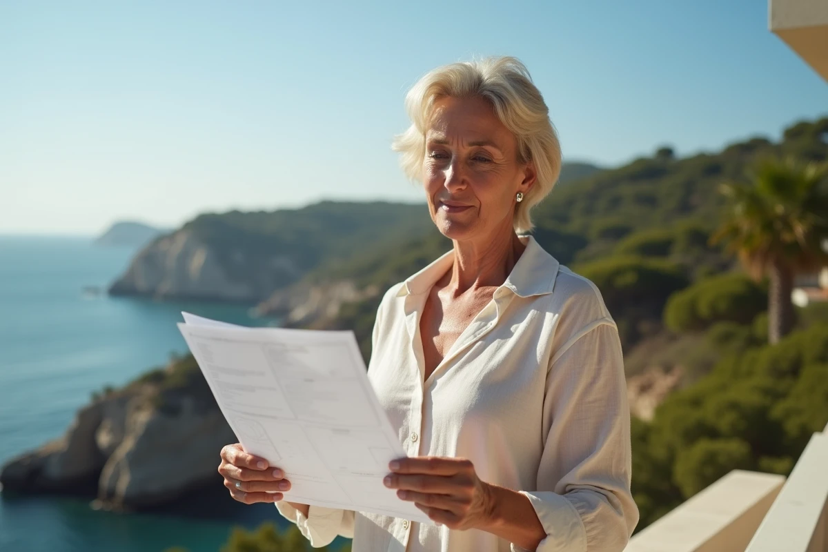 Femme étudiant des documents immobiliers sur une terrasse en bord de mer en Corse du Sud