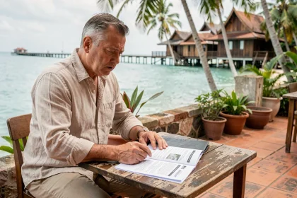 Expatrié occidental examinant des documents immobiliers dans un café en bord de mer en Thaïlande