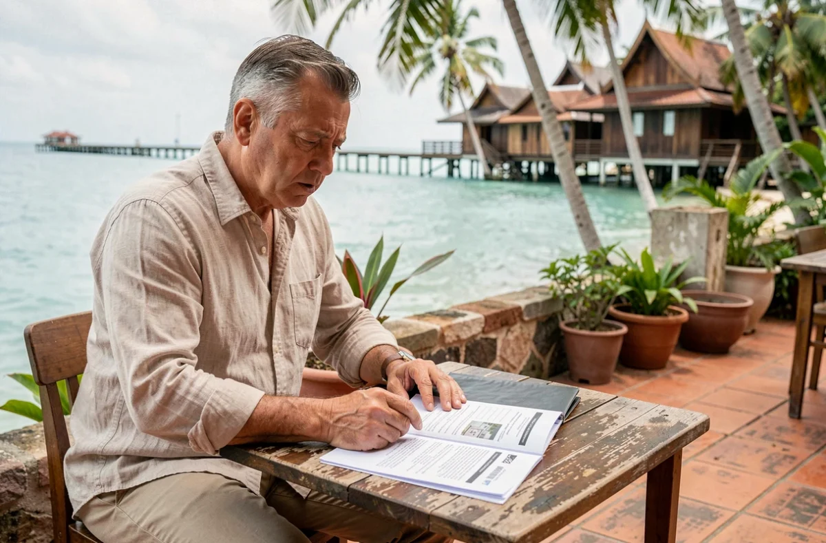 Expatrié occidental examinant des documents immobiliers dans un café en bord de mer en Thaïlande
