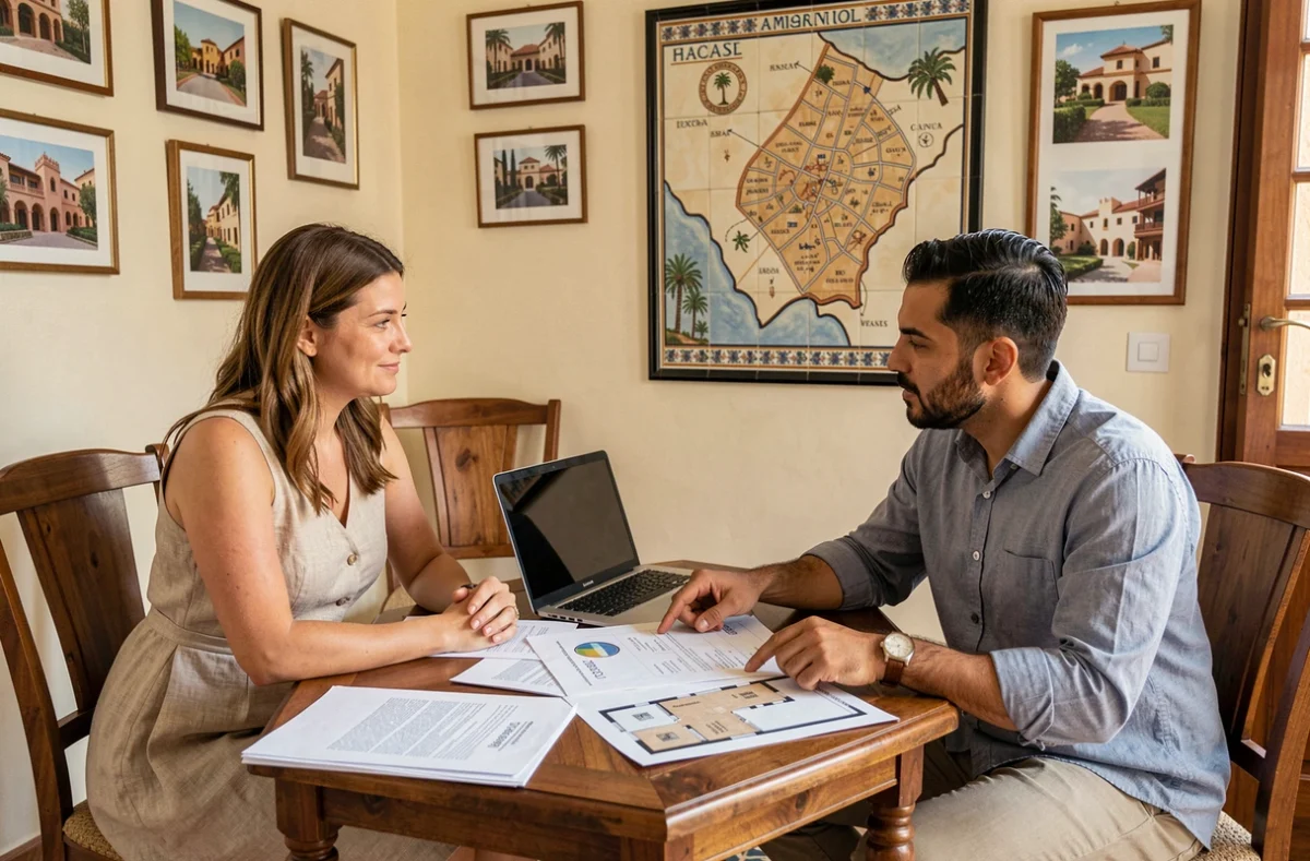 Couple d'acheteurs étrangers comparant des offres immobilières avec un conseiller local à Marrakech