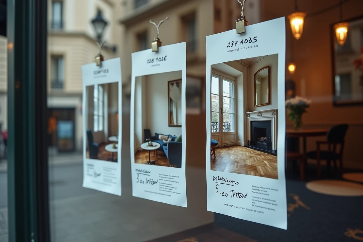 Vitrine d'agence immobilière de luxe dans le 7e arrondissement de Paris avec annonces d'appartements haut de gamme