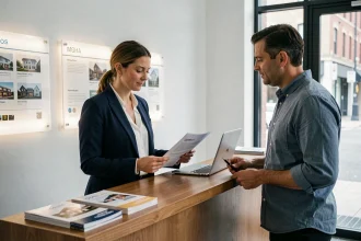 Agente immobilière conseillant un client dans l'agence PROX'IMMO à Saint-Pierre, vue intérieure professionnelle