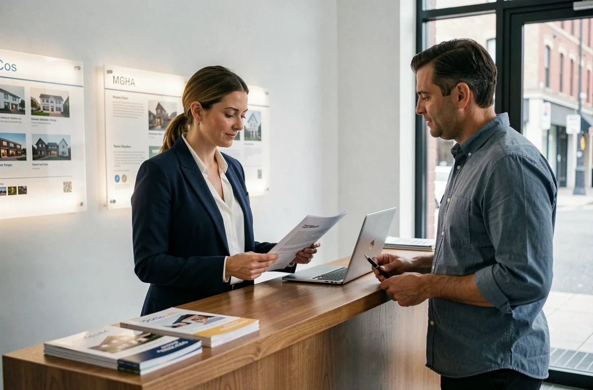 Agente immobilière conseillant un client dans l'agence PROX'IMMO à Saint-Pierre, vue intérieure professionnelle