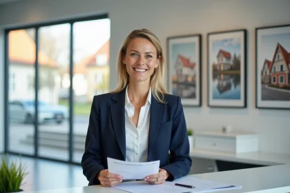 Agent immobilier professionnel accueillant un client à l'agence IMMO PROXIMA à Colmar, bureau moderne avec architecture alsacienne visible en arrière-plan