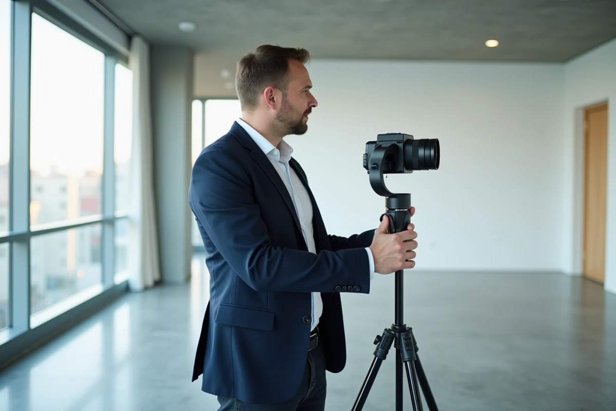 Agent immobilier préparant une prise de vue 360 dans un appartement vide pour visite virtuelle