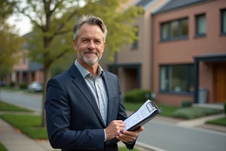 Agent immobilier local devant une maison résidentielle tenant des documents d'estimation immobilière
