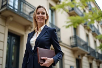 Agent immobilière de l'agence Hexagone Immo Lyon devant un immeuble haussmannien typique de la ville
