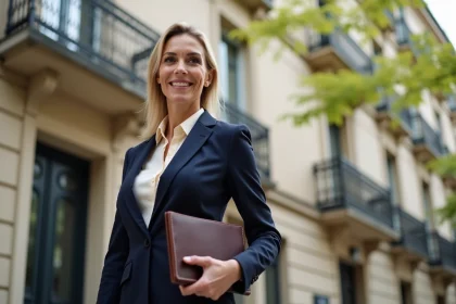 Agent immobilière de l'agence Hexagone Immo Lyon devant un immeuble haussmannien typique de la ville