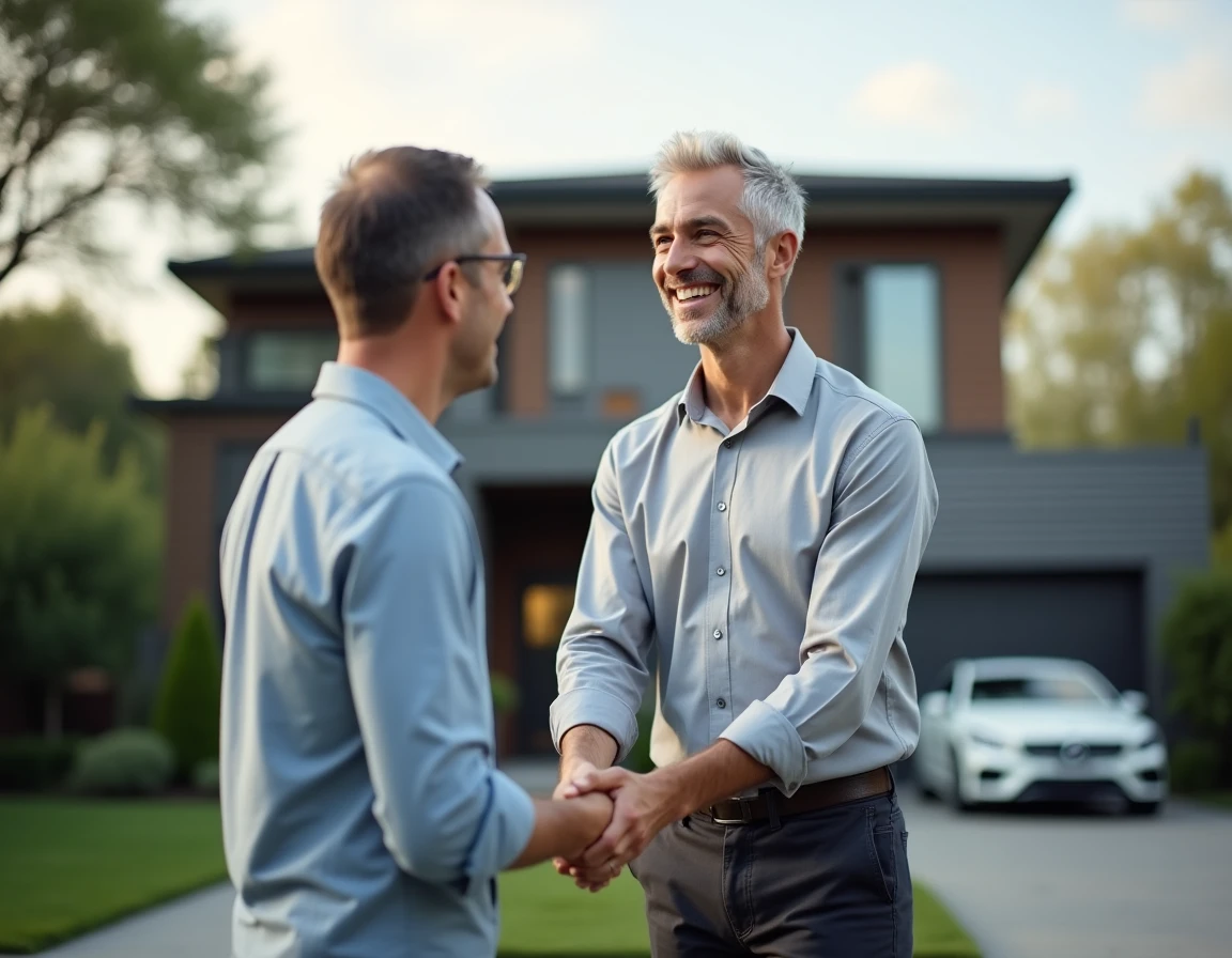 Agent immobilier SAFTI en reconversion réussissant sa première vente immobilière devant une maison résidentielle
