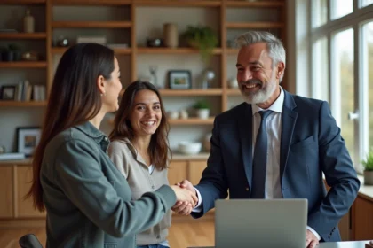 Agent immobilier en costume serre main jeune couple salon