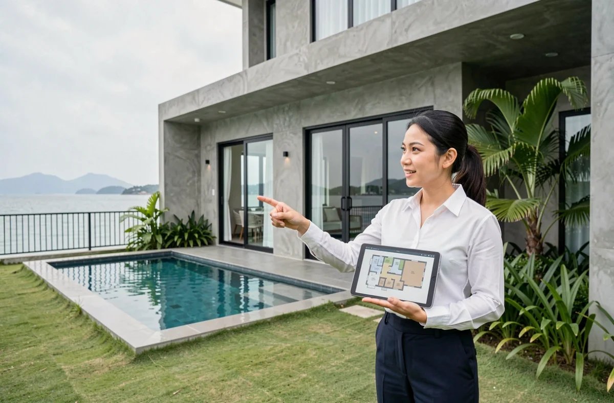 Agent immobilière thaïlandaise présentant une villa à vendre en bord de mer en Thaïlande