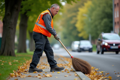Agent municipal nettoyant le trottoir avec une balayette