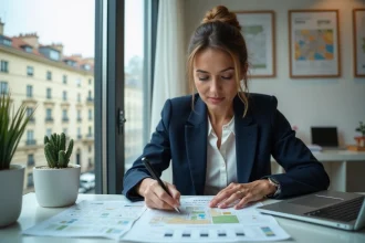Agente immobilière analysant les prix au mètre carré par quartier de Lyon sur des cartes et graphiques dans un bureau moderne