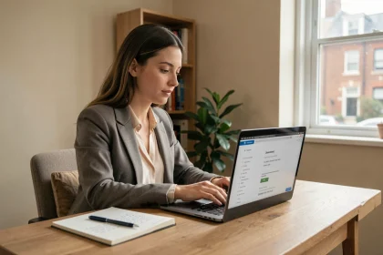 Jeune alternante cherchant un logement social sur AL'in depuis son studio, assise à un bureau en bois avec un ordinateur portable