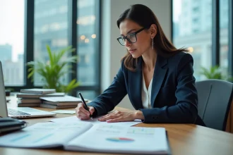 Investisseuse immobilière analysant des documents financiers pour l'achat d'un immeuble de rapport selon la méthode IDR