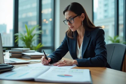 Investisseuse immobilière analysant des documents financiers pour l'achat d'un immeuble de rapport selon la méthode IDR