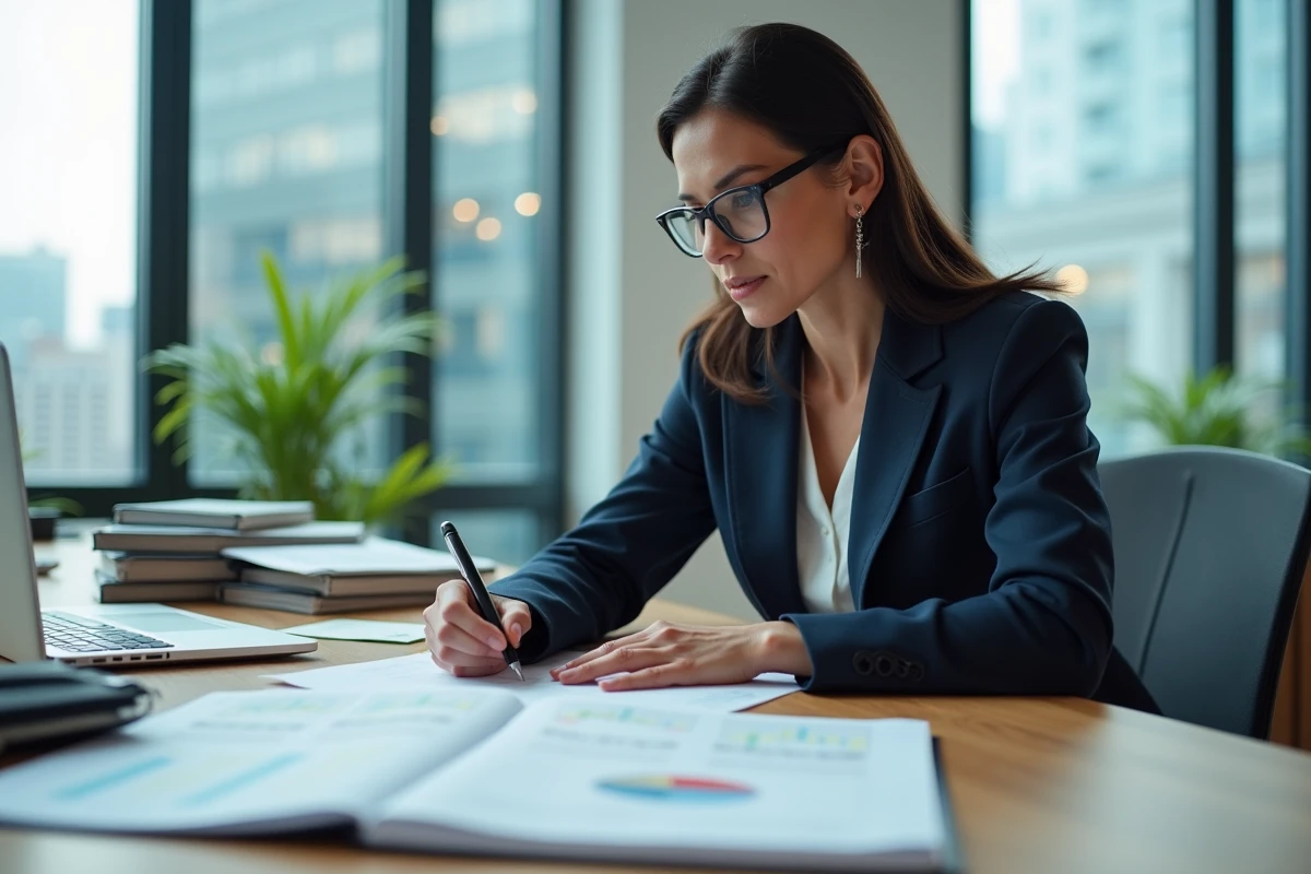 Investisseuse immobilière analysant des documents financiers pour l'achat d'un immeuble de rapport selon la méthode IDR