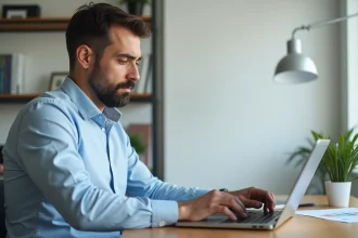Homme analysant un logiciel immobilier sur ordinateur portable dans un bureau à domicile, évaluant les prix avant achat