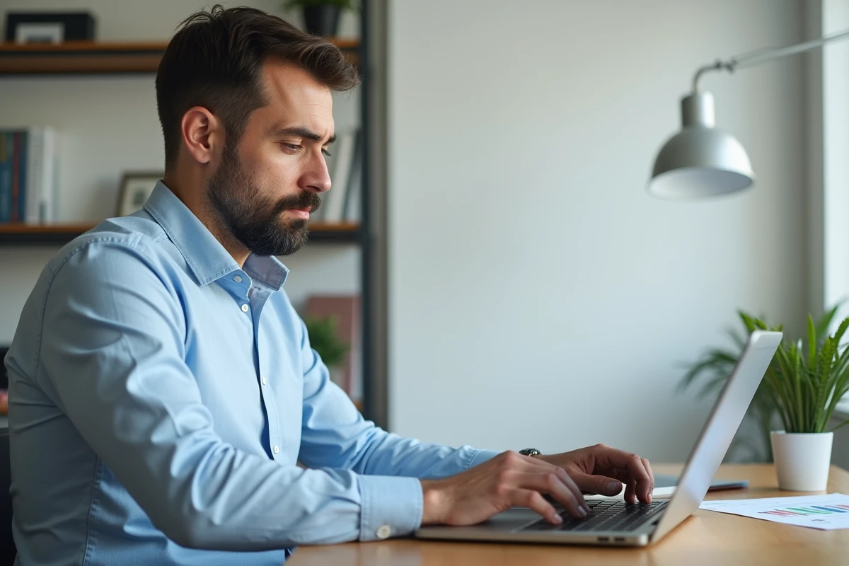 Homme analysant un logiciel immobilier sur ordinateur portable dans un bureau à domicile, évaluant les prix avant achat