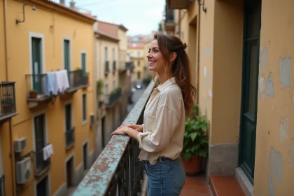 Jeune femme sur un balcon d'appartement abordable à Barcelone avec vue sur une rue typique catalane