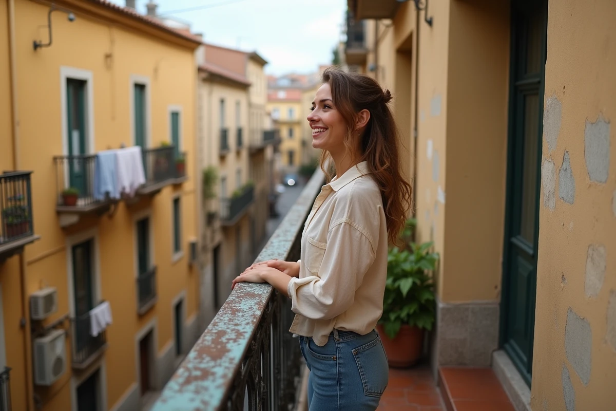 Jeune femme sur un balcon d'appartement abordable à Barcelone avec vue sur une rue typique catalane