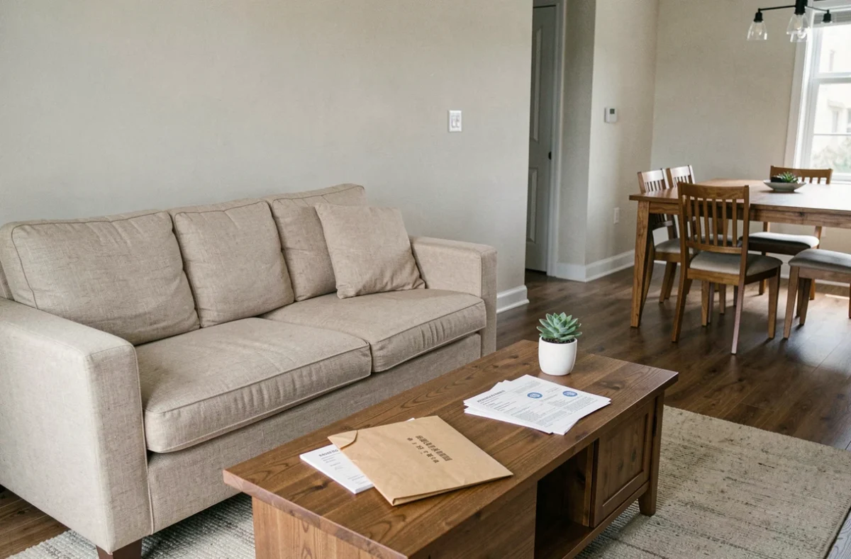 Appartement meublé en location avec un avis de taxe d'habitation posé sur la table basse du salon