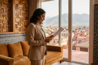 Femme professionnelle examinant des documents immobiliers dans un appartement moderne à Marrakech avec vue sur les toits en terre cuite et l'Atlas