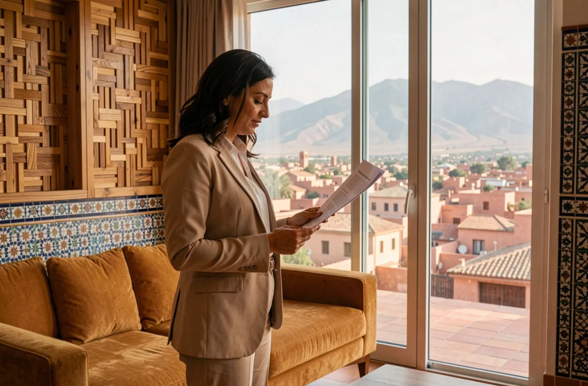 Femme professionnelle examinant des documents immobiliers dans un appartement moderne à Marrakech avec vue sur les toits en terre cuite et l'Atlas