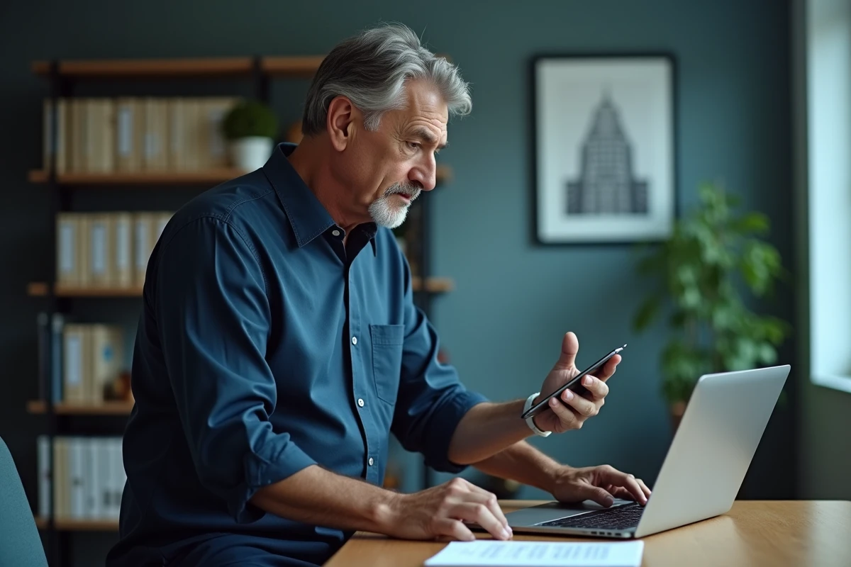 Propriétaire consultant l'application My Foncia sur smartphone pour gérer sa copropriété