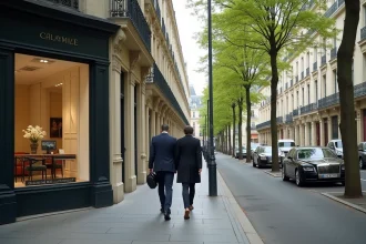 Boulevard haussmannien du 16e arrondissement de Paris avec immeubles de prestige et vitrine d'agence immobilière de luxe