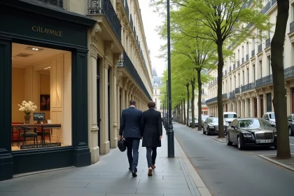 Boulevard haussmannien du 16e arrondissement de Paris avec immeubles de prestige et vitrine d'agence immobilière de luxe