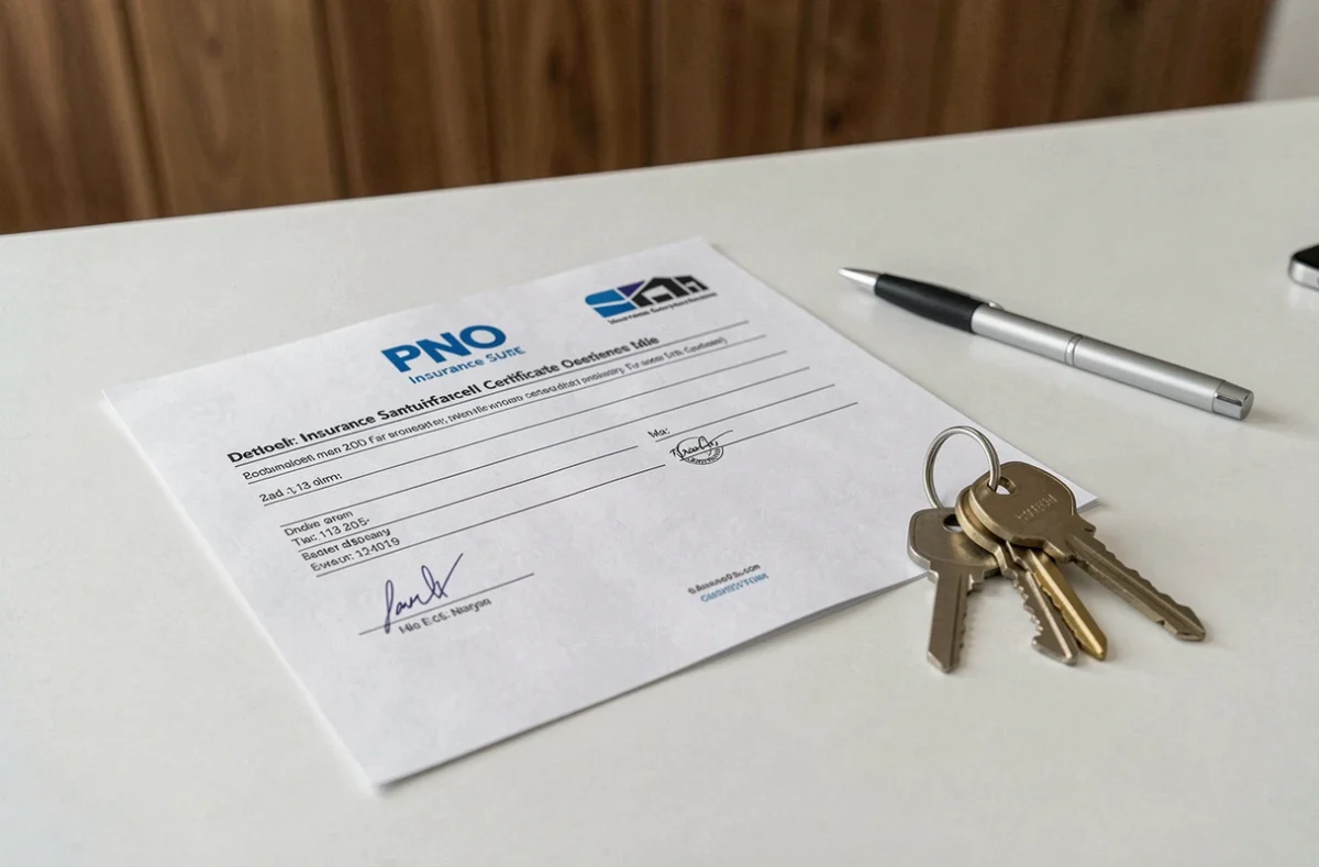 Attestation d'assurance PNO imprimée posée sur un bureau avec des clés d'appartement