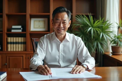 Avocat thaïlandais examinant des contrats immobiliers dans un bureau juridique de Bangkok
