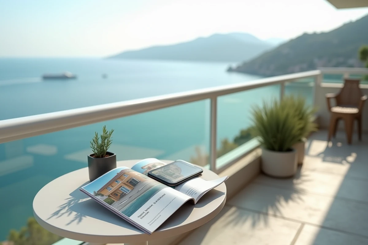 Balcon d'appartement vue mer avec brochure immobilière et téléphone affichant une annonce de vente