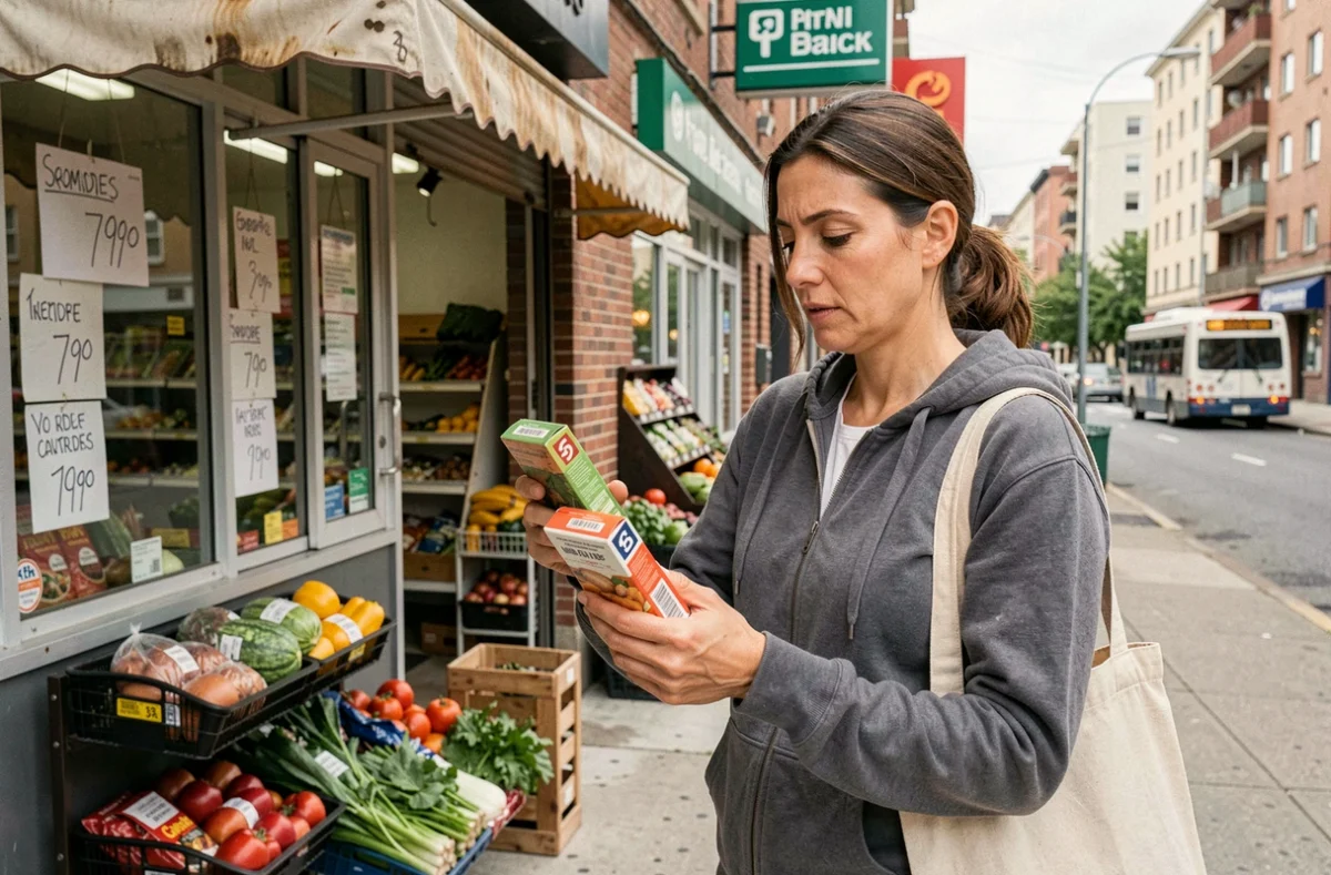 Mère de famille comparant les prix dans un commerce de proximité d'un quartier populaire abordable