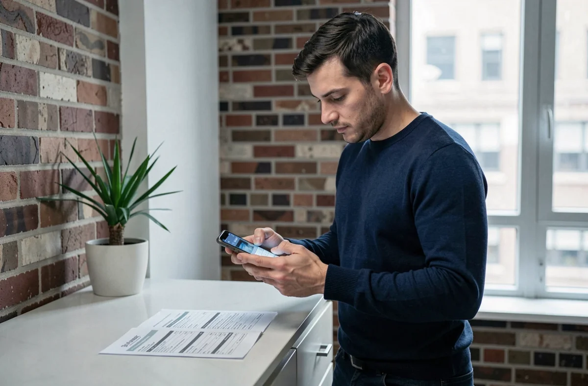 Homme calculant les frais d'agence immobilière sur smartphone avant de signer un bail de location
