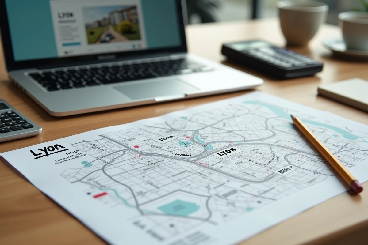 Bureau avec carte des quartiers de Lyon et annotations de prix de loyer pour une estimation immobilière