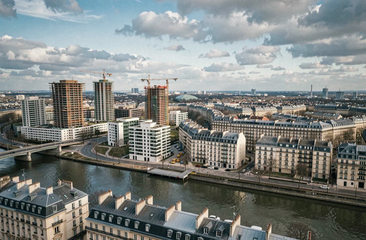 Vue panoramique du Val-de-Marne avec immeubles résidentiels neufs et grues de construction
