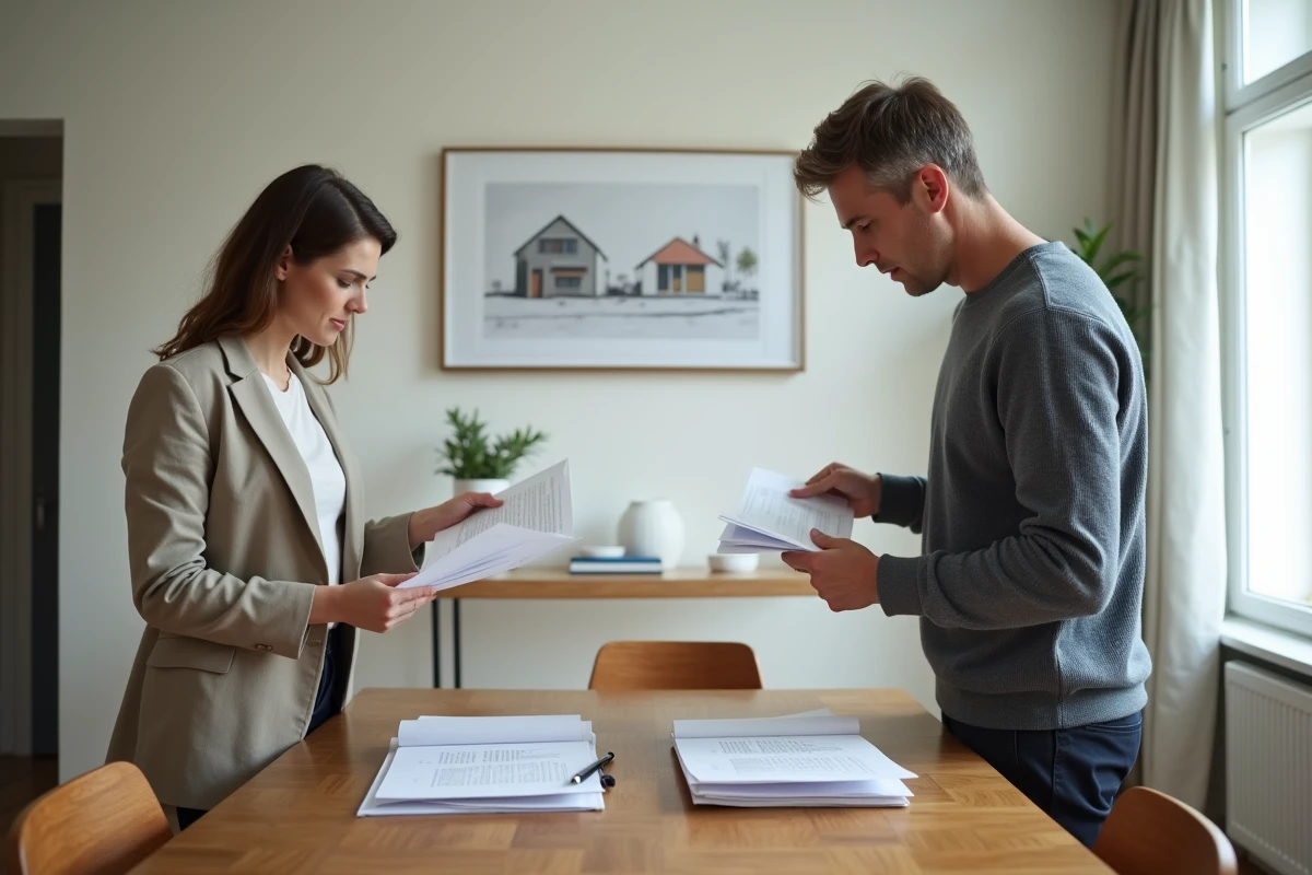 Deux co-indivisaires face à face avec des documents notariaux pour un bien immobilier partagé