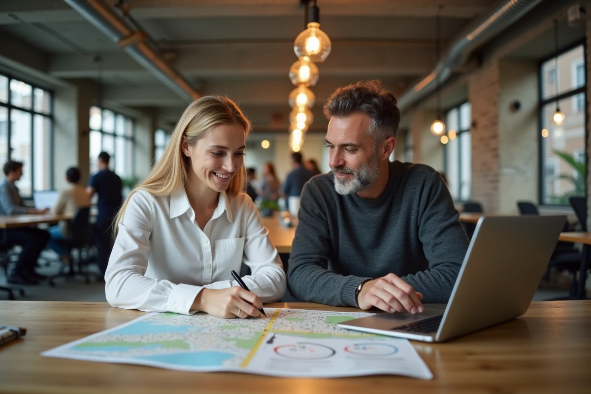 Deux collègues analysant ensemble des filtres de recherche de logement sur une carte et un ordinateur dans un espace de coworking