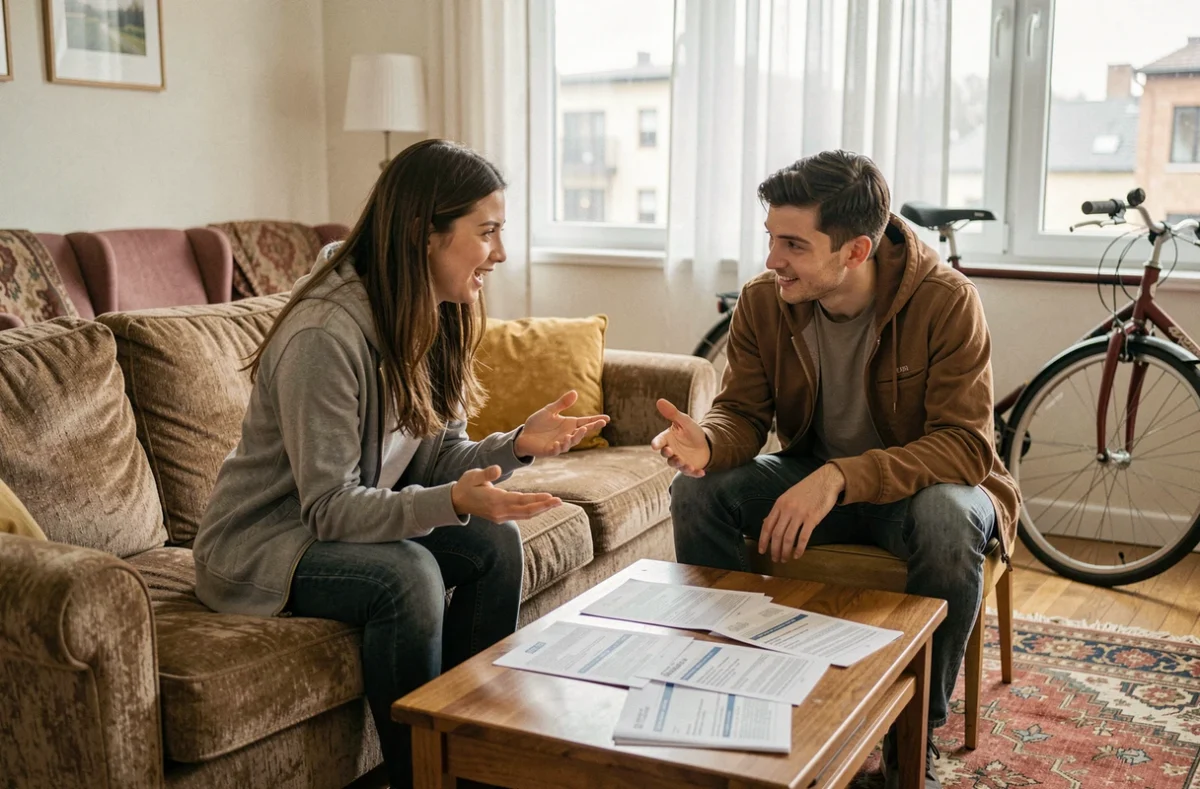 Deux colocataires étudiants comparant des devis d'assurance habitation dans leur appartement partagé