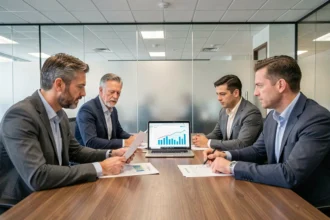 Réunion du comité interprofessionnel du logement avec des professionnels examinant des documents et données immobilières autour d'une table de conférence moderne