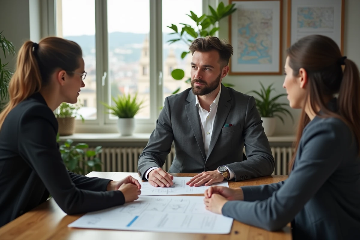 Conseiller immobilier en consultation avec des clients investisseurs dans une agence moderne à Lyon