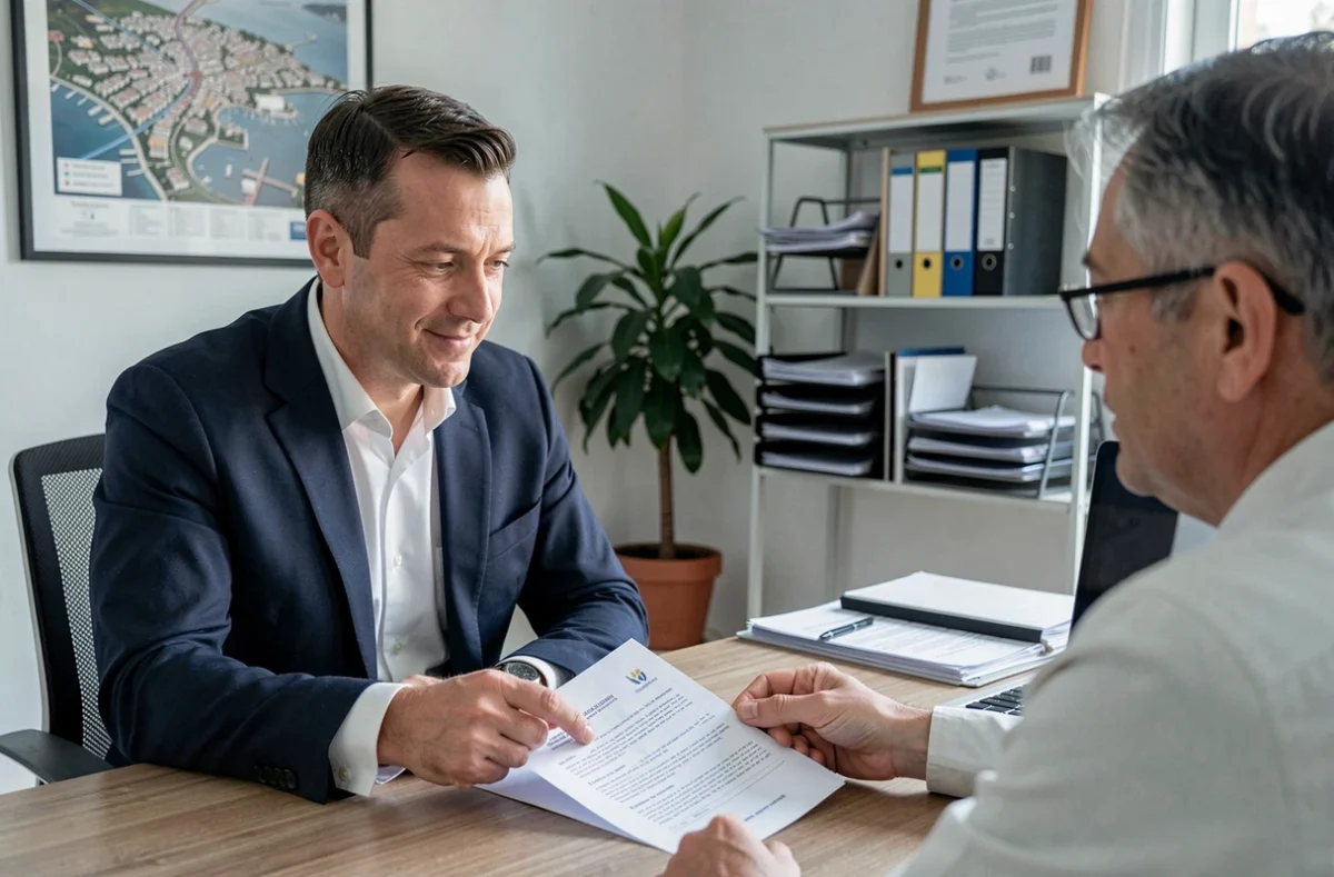 Conseiller en assurance présentant un contrat d'assurance habitation à un client à Toulon
