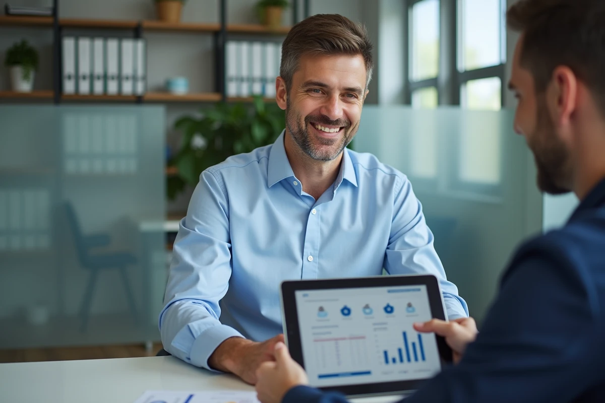 Conseiller en assurance immobilière présentant des garanties adaptées à un profil emprunteur sur tablette numérique