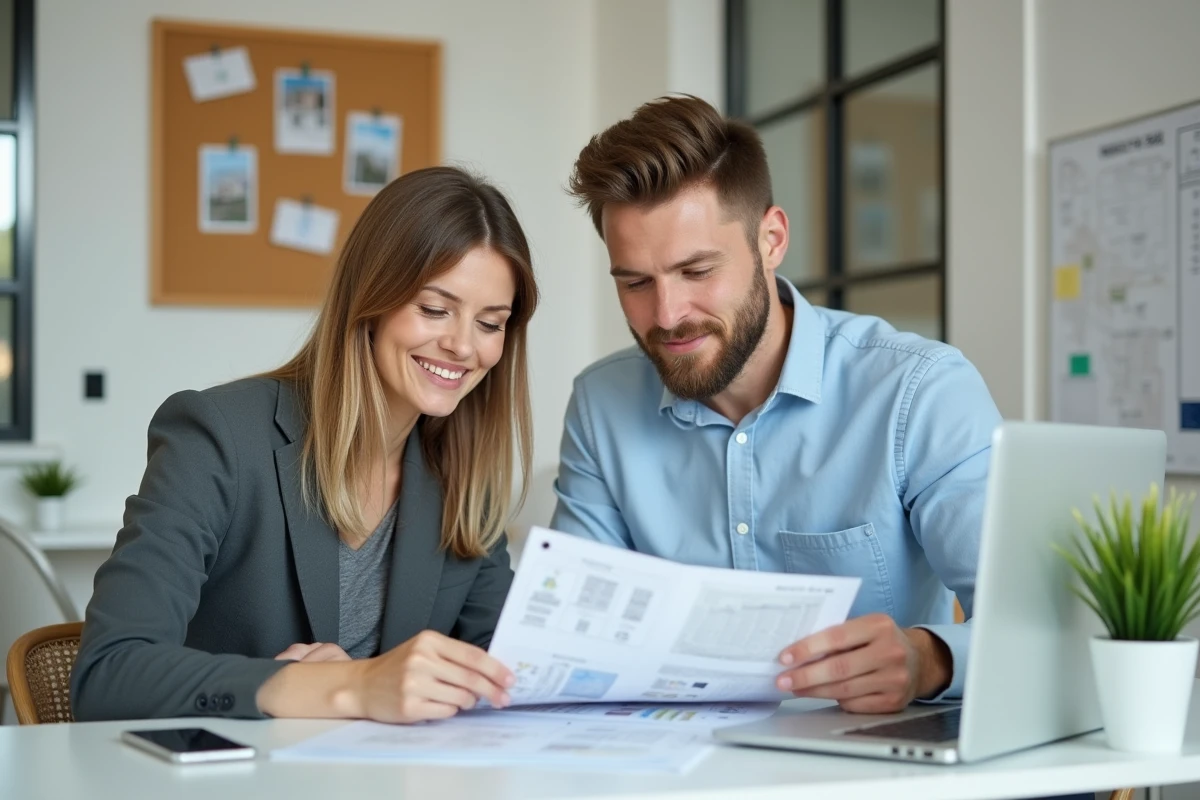 Deux conseillers immobiliers d'IMMO PROXIMA consultant des brochures et un ordinateur portable dans un bureau moderne, illustration du service client et de la proximité professionnelle